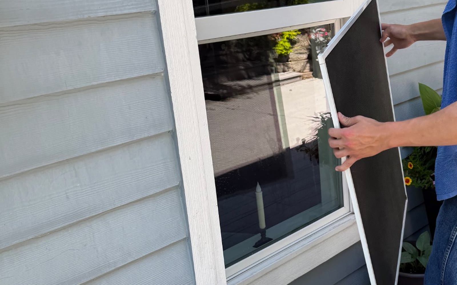 Hands removing a residential window screen at ground level